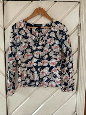 Lucky Brand Navy Floral Tie-Neck Blouse with Cream and Pink Accents